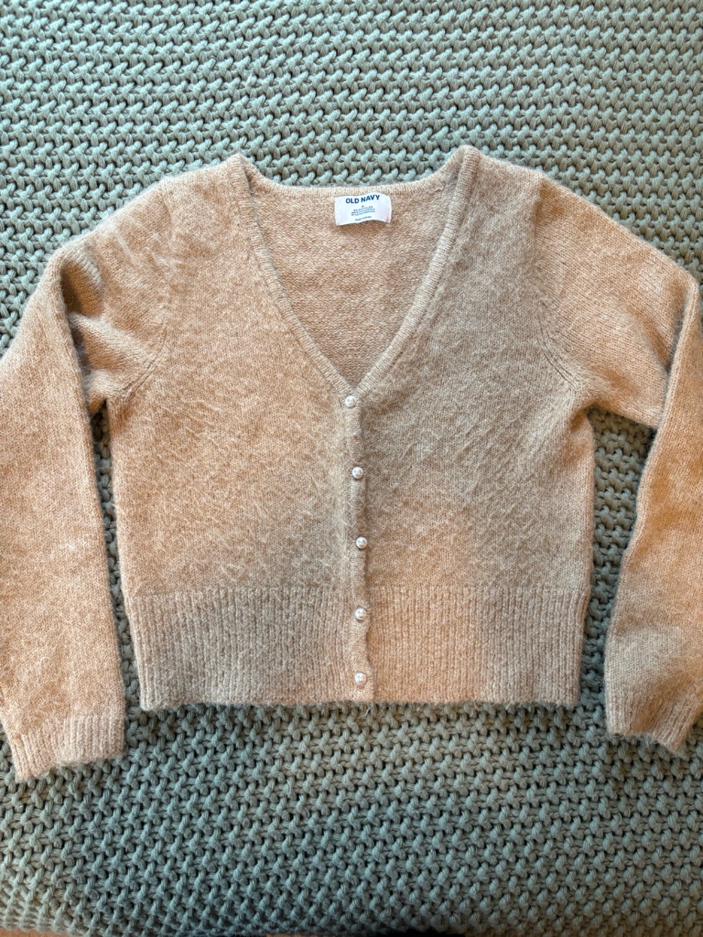 Old Navy Tan V-Neck Pearl Button Cropped Cardigan